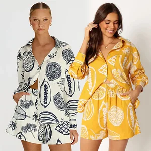 Beach Wear Leisure Fruit Printed Women'S 2Pc Short Sets With Short Casual Elastic Button Down Blouse 2 Pieces Loungewear Set