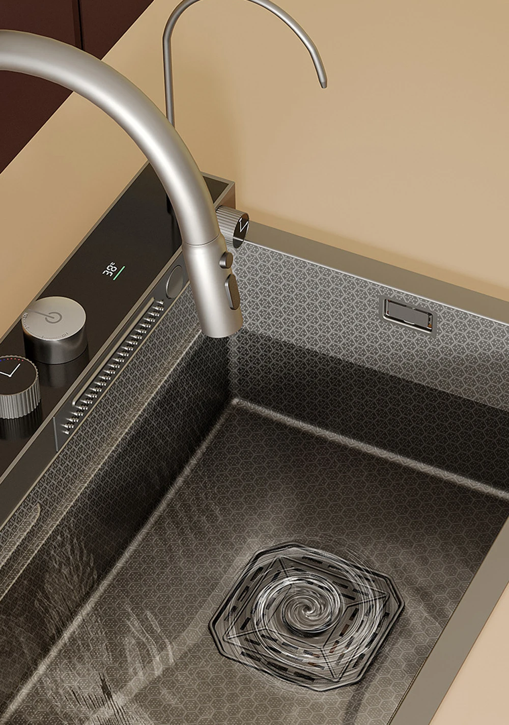 TOP1 Multifunction Stainless Steel Modern Pull Kitchen Sink Black Undermount Faucet Single Smart Waterfall Design for Modern