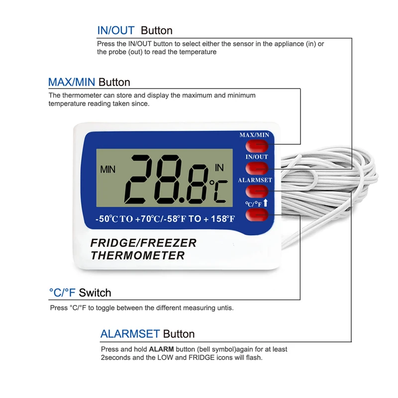 Ldt-17 High Low Temperature Alarm Digital in out Fridge Freezer Refrigerator  Thermometer with Magnet - China Wire: 3m, Temperature Range:  -50-70c/58-158f