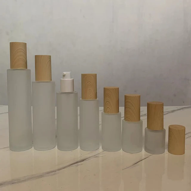 Hengjian 20ml 30ml 40ml 60ml 80ml 100ml 120ml Frosted Glass Cosmetic Lotion Toner Cream Bottle with Plastic Bamboo Pattern Cap