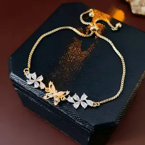 Women's Gold Plated Copper Jewelry Butterfly Flower Diamond Charm Bracelet Classic Fashion Chain Link Jewelry