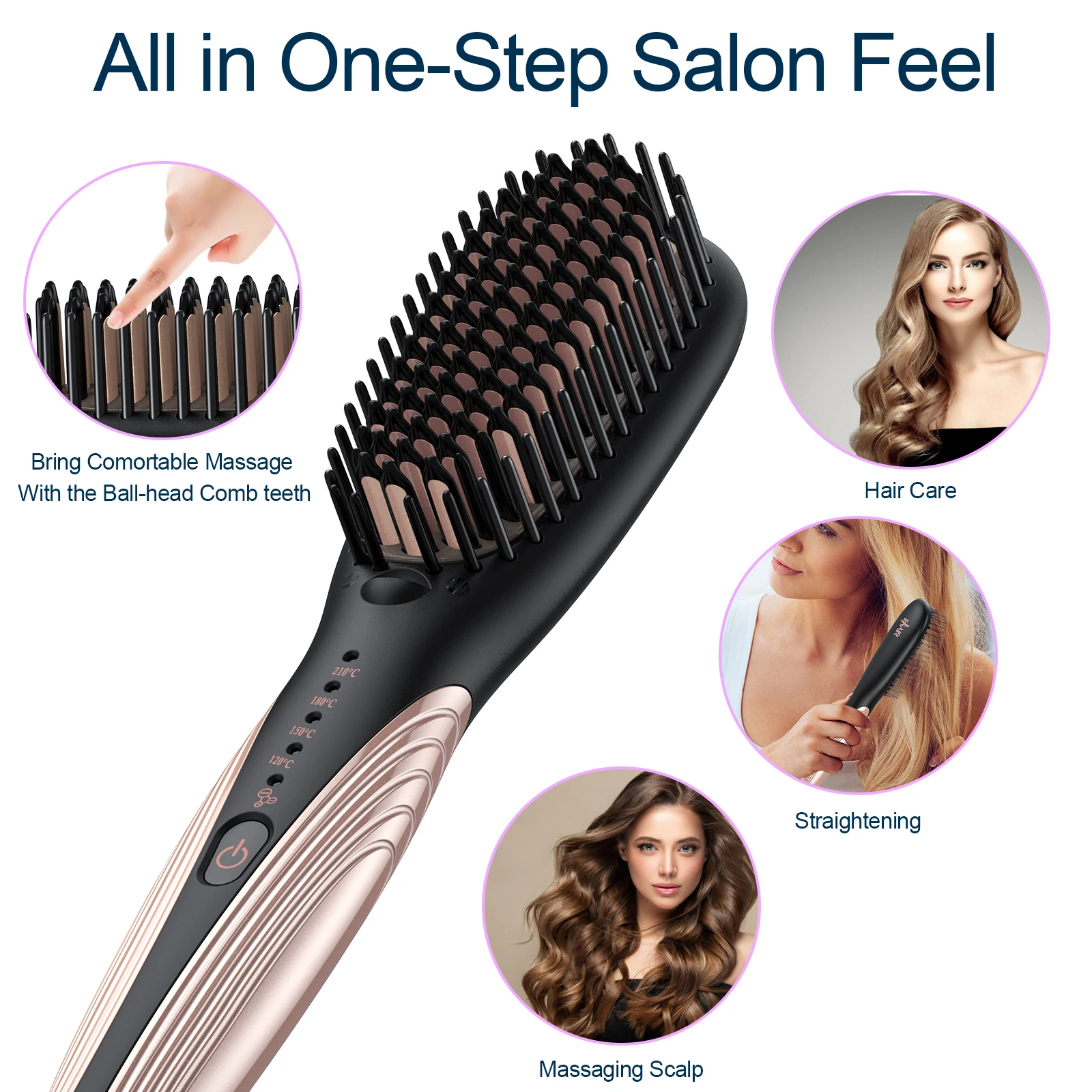Professional Ionic Heating  Hair Straightener Gold Brush Hair Iron 2 in 1 Beard Straightener  Brush for Salon