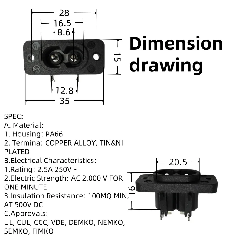IEC C8 Inlet AC Socket - 2.5A 250V Industrial Power Connector