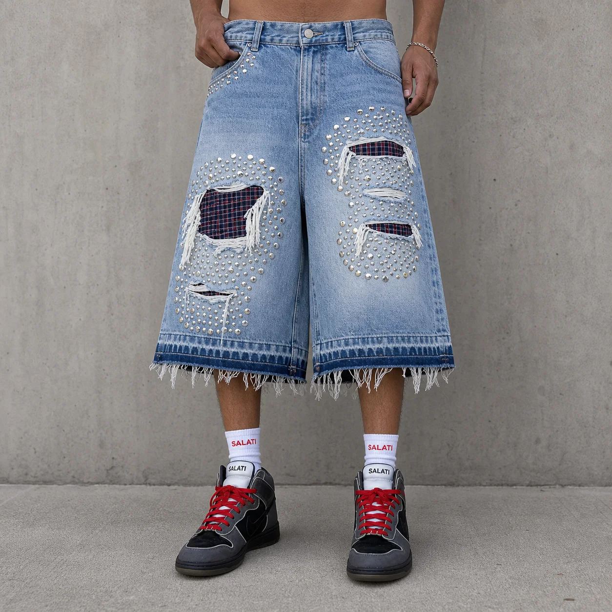 OEM Custom Mens Shorts Washed Denim Rhinestone Pearl Ripped Patchwork Raw Hem Baggy Wide Leg Streetwear Men Denim Shorts gallery 3