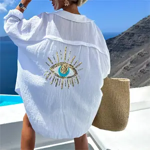 2026 Vacation Beach Sequin Solid Color Women Oversize Shirt Women's Blouses