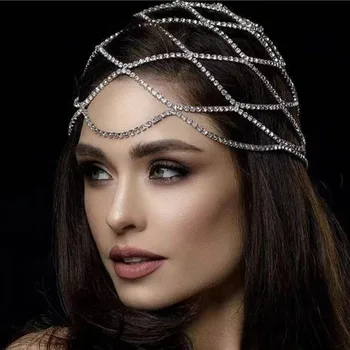 Factory customized bridal wedding rhinestone accessories tassel mesh tiara hair chain accessory jewelry