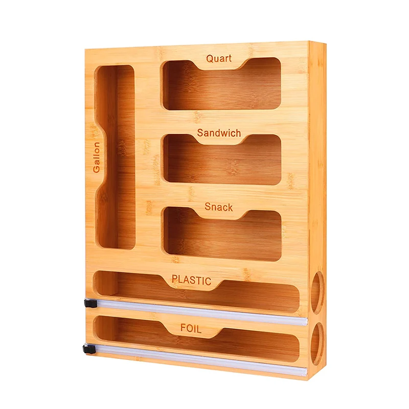 Wholesale Rectangle Lacquer Finish Bamboo Wall Mounted Kitchen Drawer Organizer 6-in-1 Ziplock Bag & Wrap Dispenser Laser Logo