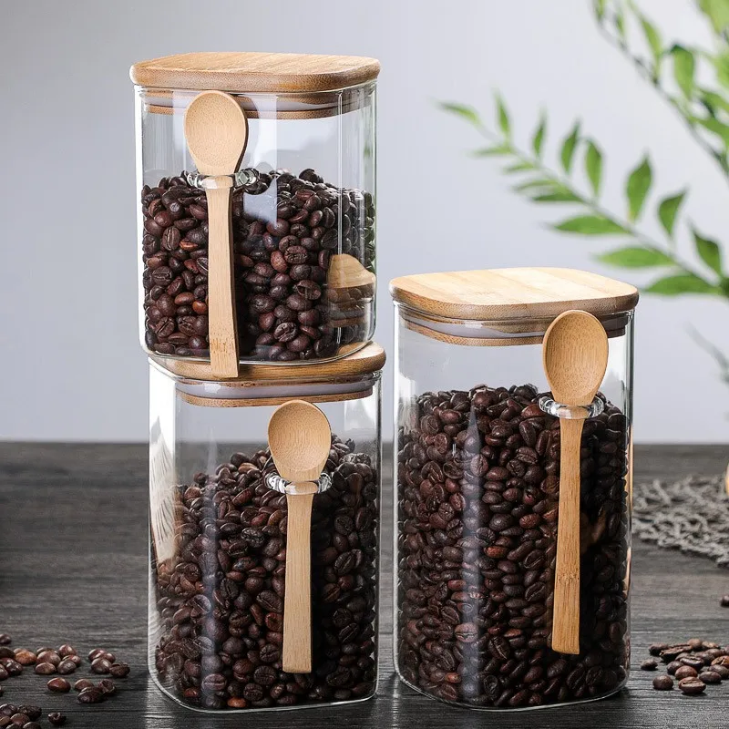 Square Glass Jars With Lids Wholesale With Bamboo Lid and Spoon