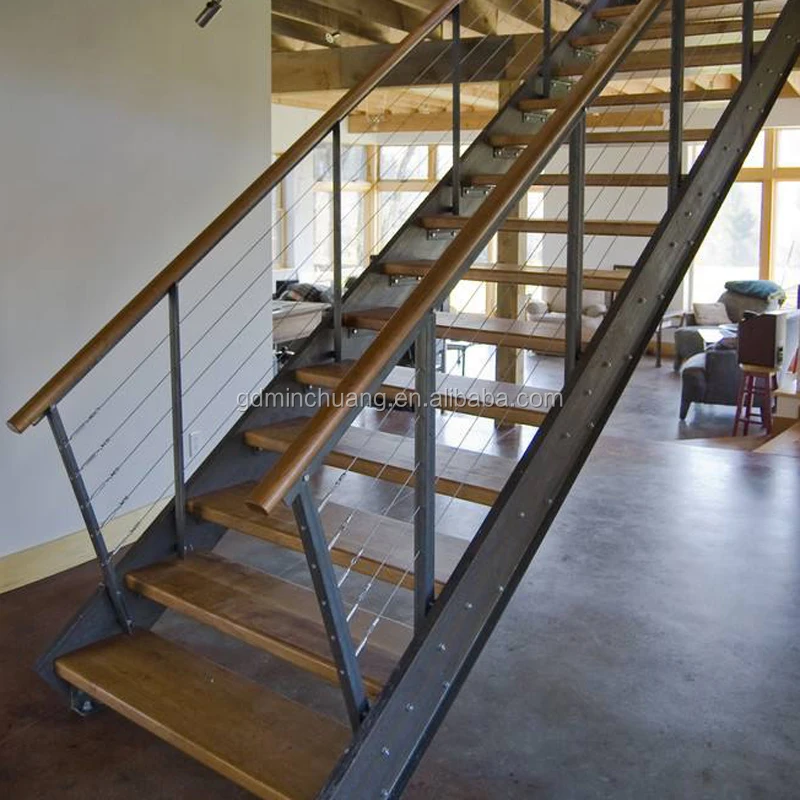 Decorative Double Stringer Straight Stairs with Cable Railing and Oak Treads