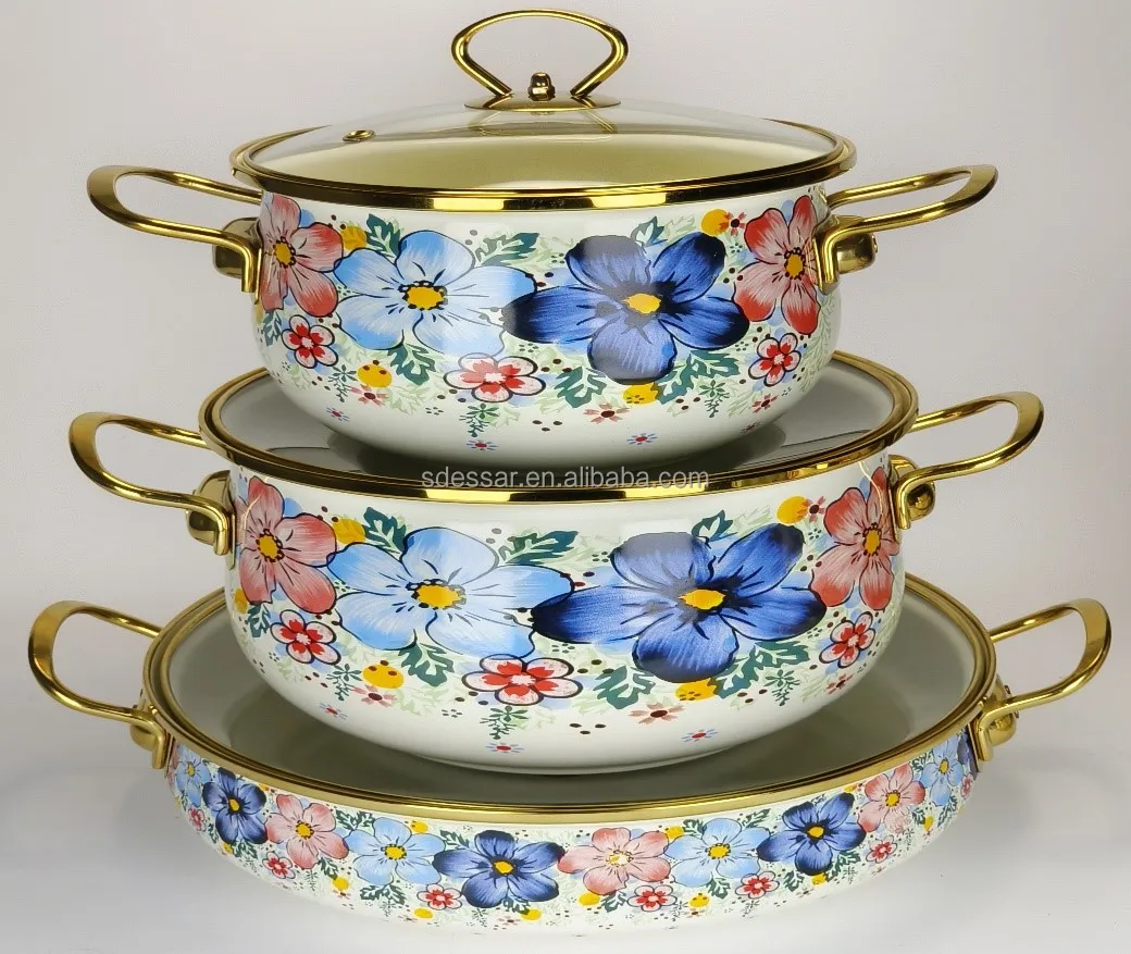 2024 Newest Classic Design Sustainable Color Metal Hard Enamel Cast Iron Houseware Cookware Set Pans Pots Glass Food Use