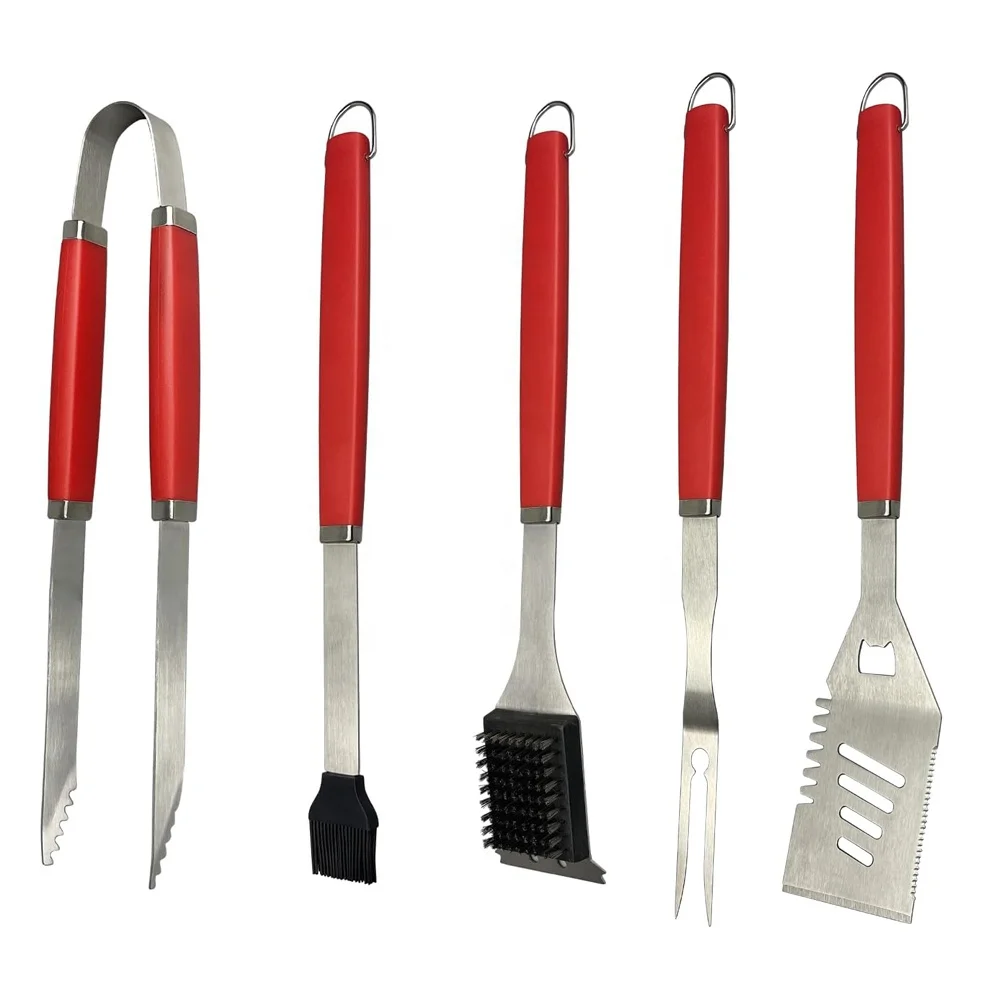 Set of 5 Factory Wholesale Colorful Plastic Handle BBQ Tools Set for Outdoor Barbecue Camping Barbecue Accessories Grill