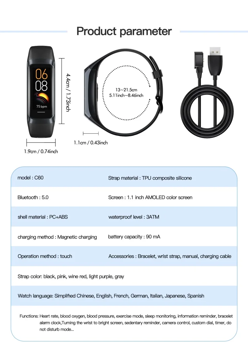 Cheap AMOLED Smart Bracelet C60 Heart Rate Blood Pressure Oxygen Body Temperature Call Message Reminder C60 Smart Band