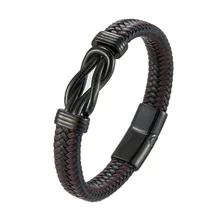 Custom Leather Infinity Knot Bracelet Leather Punk Jewellery Wristband Eternity Knot Stainless Steel Magnetic Clasp Bracelet