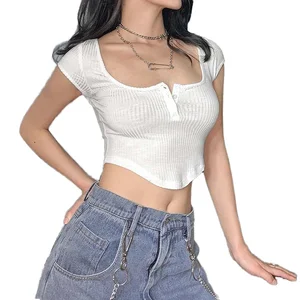 Women's Basic Sexy Summer Crop Top Gothic Square Neck T-Shirt White Ribbed Knit Black Dye Polyester Breathable Short Sleeves for