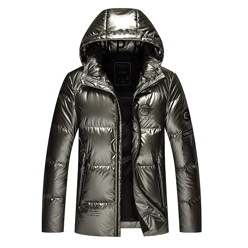 Лучшее качество, мужское Черно-серое блестящее пуховое пальто, зимняя длинная куртка с капюшоном на утином пуху