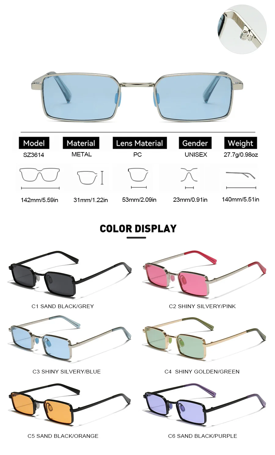 Lunettes de soleil rétro fines en métal, forme carrée classique, verres violets, protection UV400, édition limitée 2026_voghion.com