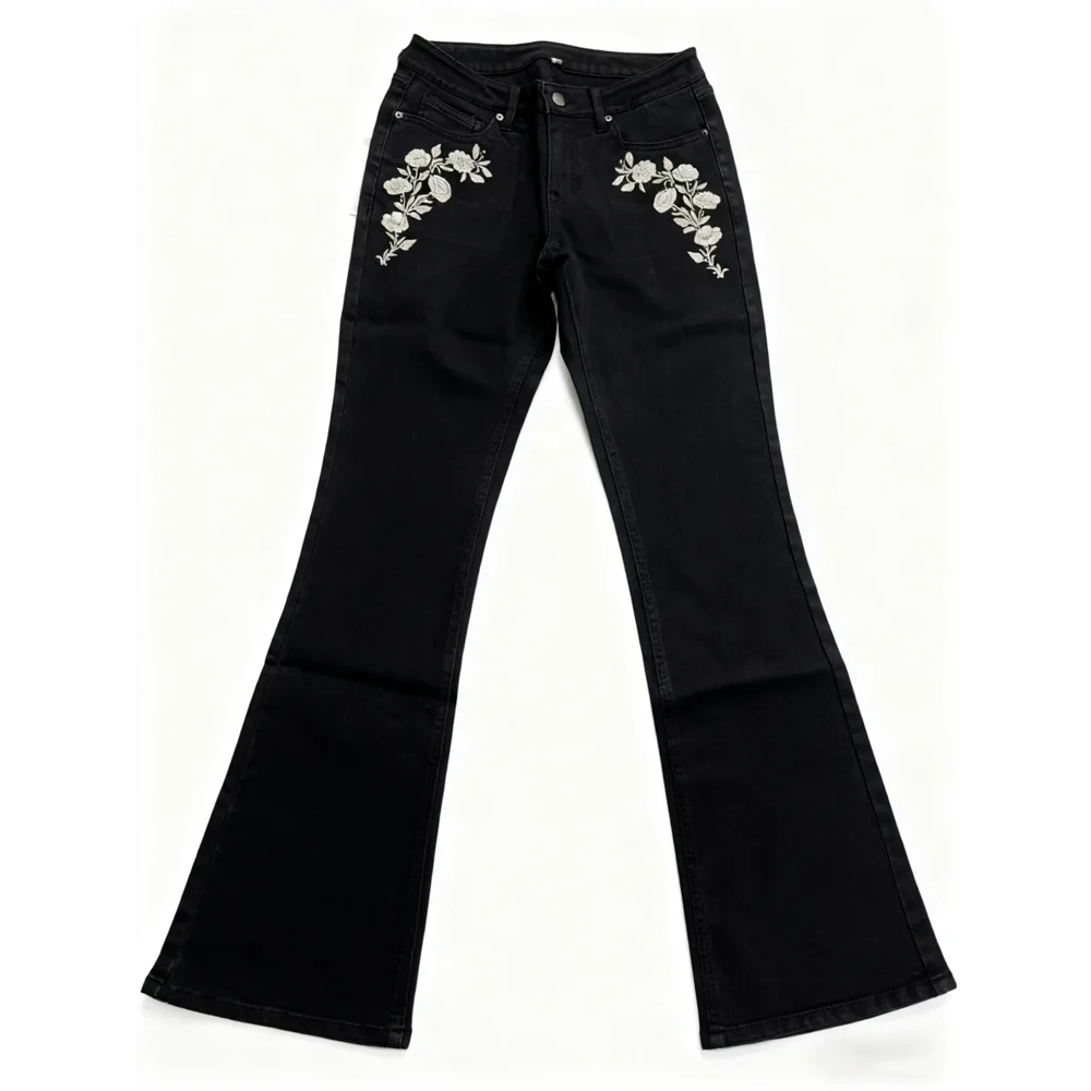 Floral Embroidered Black Flare Jeans for Women High Waist Slim Fit Denim Pants