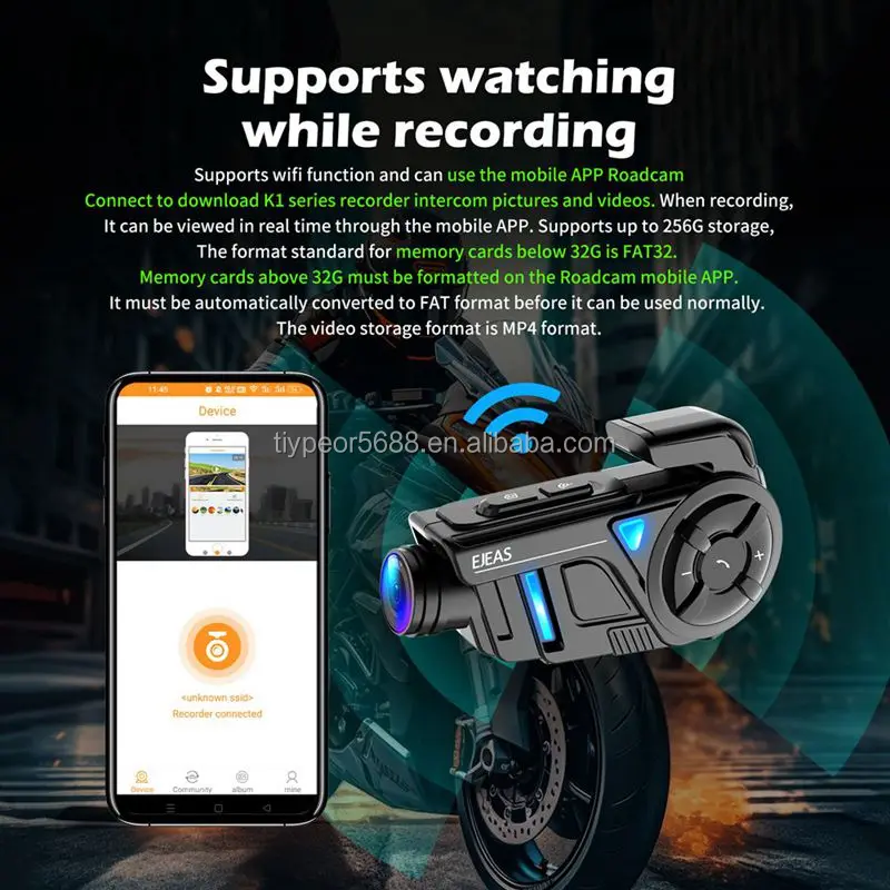 product tiypeor ejeas 1km motorcycle bluetooth system intercomunicador mesh camera for motorcycle helmet headset 2k wifi video intercom-6