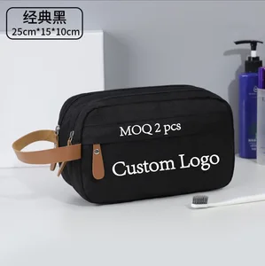 Custom Logo Men's Travel Cosmetic Bag Double Zipper Portable Leather Handle Canvas Toiletry Organizer Bag Dopp Kit Shaving Bag
