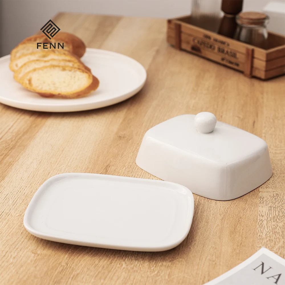 product fenn modern style cheese storage rectangular shape white ceramic mantequillero butter container butter dish custom with lid-58