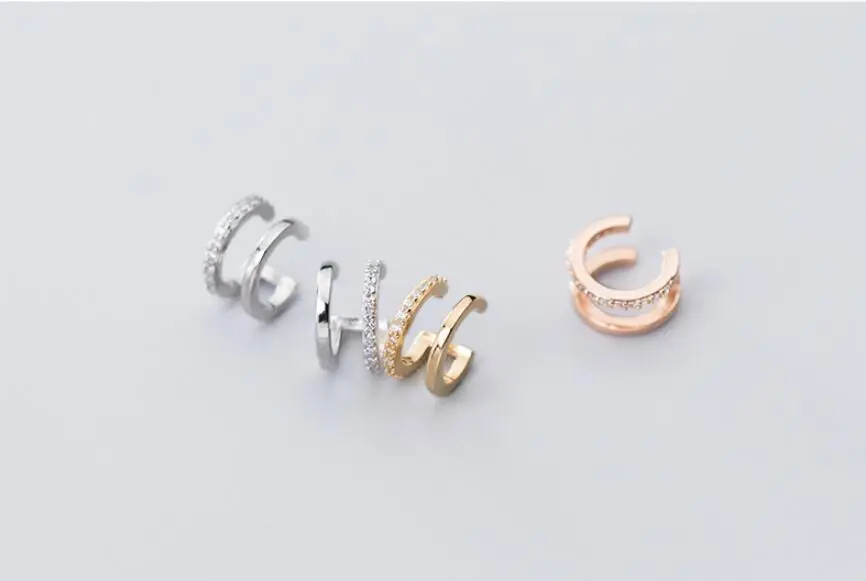 Wholesale Simple 925 Silver Earrings Jewelry Mini Couple Wire Line Double Band Micro Pave CZ Ear Cuff Earrings