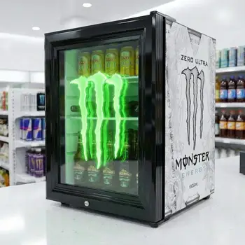 業務用エナジードリンク陳列クーラー、カスタムLEDロゴ付き、ガラス扉