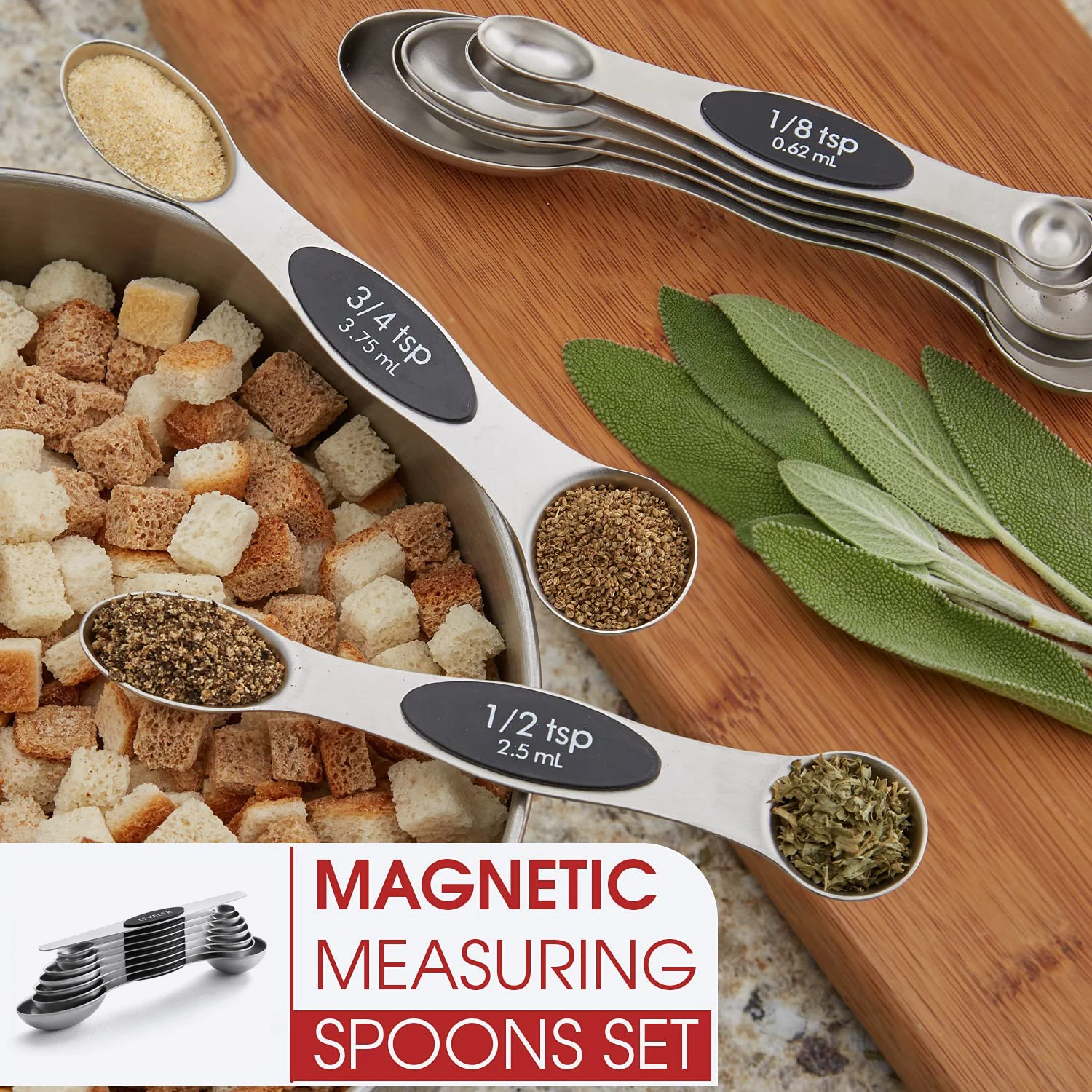 Magnetic Metal Measuring Spoons Set Stainless Steel Etched Stackable Teaspoons  Tablespoons Dual Sided Measure Spoon set of 8 for Measuring Dry and Liquid  Ingredients (Black) 