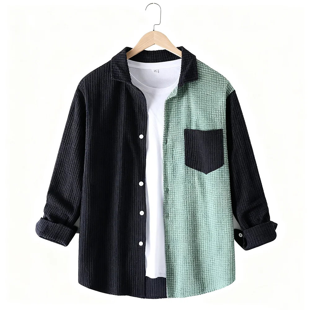 Men Autumn Corduroy Printed Loose Shirts Vintage Retro Patchwork Long Sleeve OEM Tops Streetwear Casual Shirt