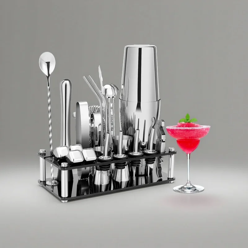 23-Piece Bartender Kit Bar Tool Set Acrylic Stand Premium Stainless Steel Cocktail Drink Shaker Reusable Customizable Color