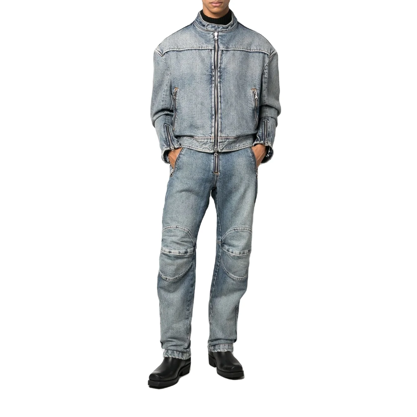 Custom Motorcycle Denim Jeans and Jackets Sets for Men Biker Rock Revival Two Piece Set Men Biker Denim Jacket and Jeans