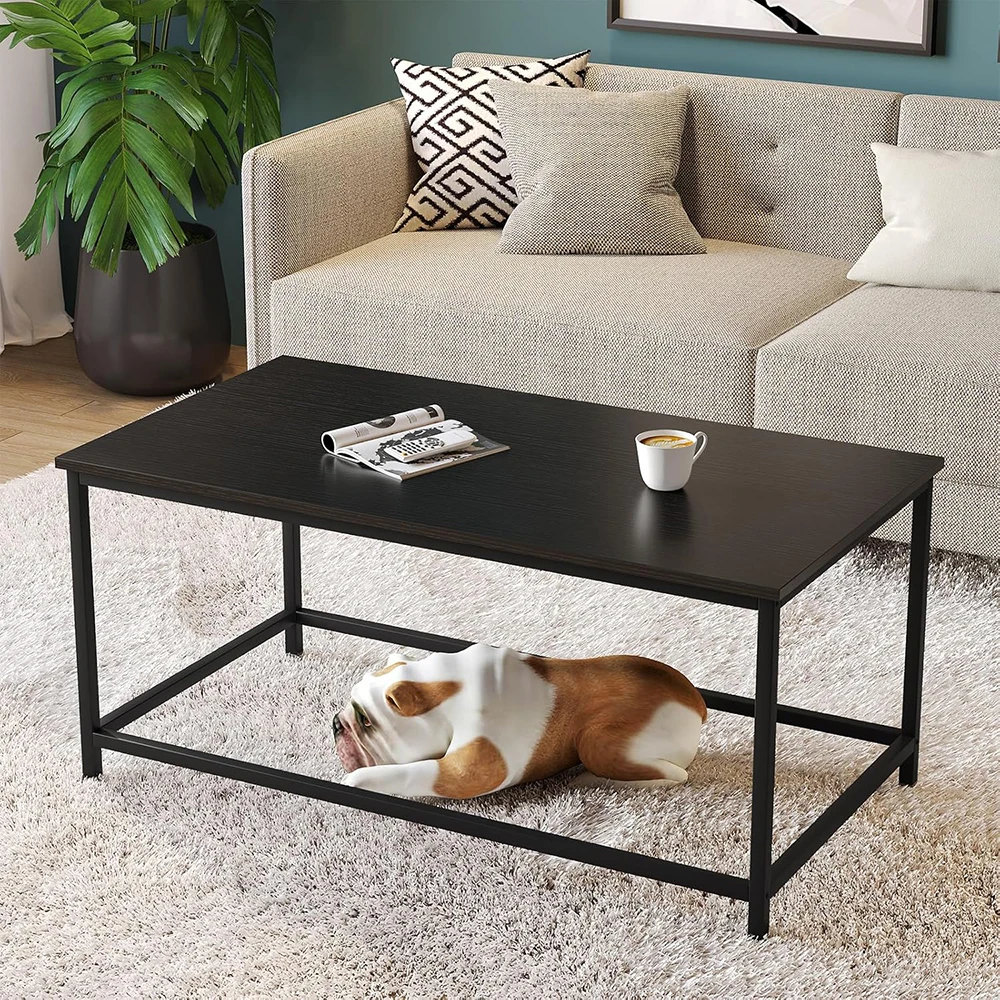 product black wooden top metal frame coffee table simple modern rectangular open space minimalist living room home office industrial-9