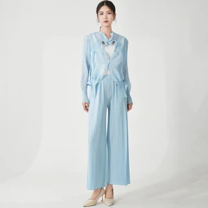 2025 Latest Design Miyake Pleated Set Solid Color Cardigan Top and Pants Two-piece Set Women's Fashion Set Factory Wholesale