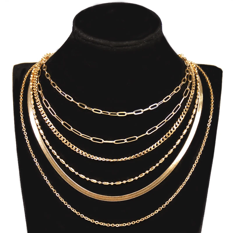 Wholesale 18K Gold Plated Minimalist Jewelry Chain Necklace Custom Gold Carat Paper Clip Chain Cross Snake Flat Classic
