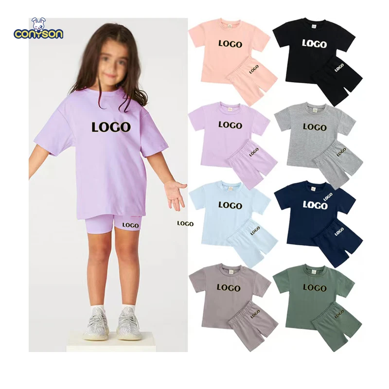 Conyson Kids Solid Color Two Piece Biker Shorts Set Toddler Girls Custom Summer Outfits Children Boutique Clothing Sets