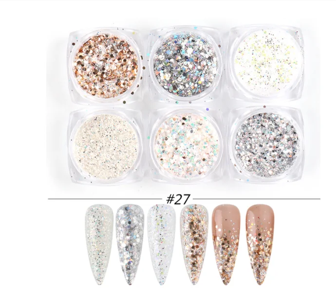 Mixed 6 Types Rose Gold Nail Glitter Set Holographic Mirror