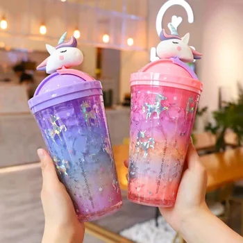 Summer unicorn plastic ice drinking cup cute cold water bottles for kids