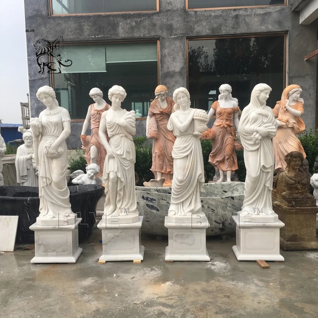 手彫りの白大理石四季の女神像、実物大の古代ギリシャ神庭の彫刻、屋外