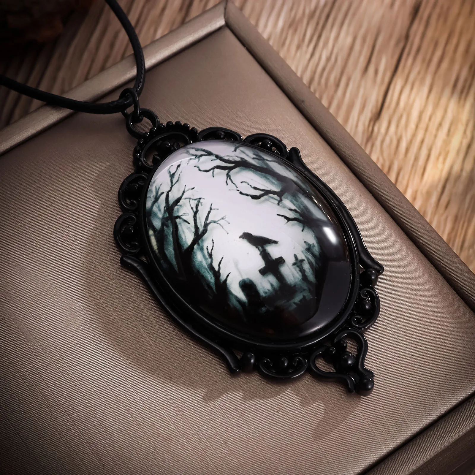 Retro Gothic Style Bat Castle Crow Cross Blood Black Cat Church Cemetery  Graveyard Vampire Vintage Jewelry Photo Frame Necklace