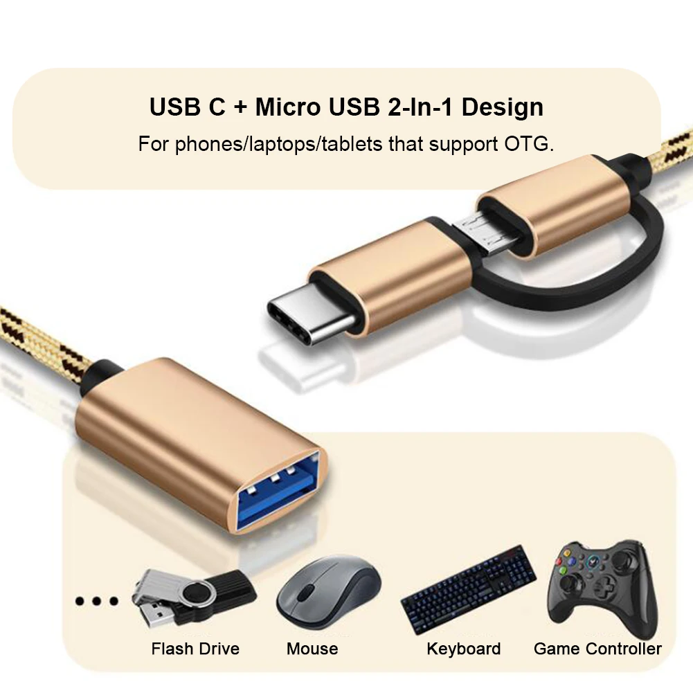 Câble adaptateur OTG 2 en 1 Micro USB & Type C vers USB 3.0 femelle Cordon tressé pour MacBook IPad Air Pro Tablet Samsung S20/S10/S9
