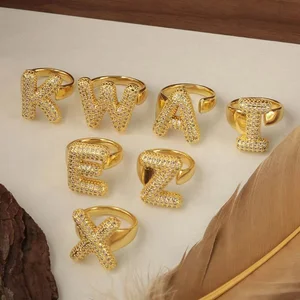 Wholesale Trendy 18K Gold Plated Copper Letter Zircon Adjustable Rings for Wedding or Party Gifts
