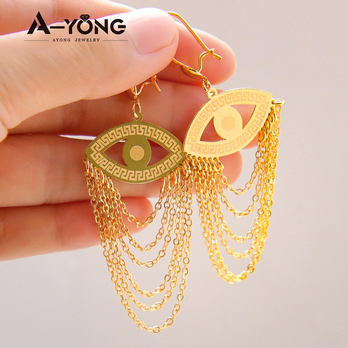 High Quality Ayong Jewelry Tassel Evil Eye Earrings Women Brass 18k Gold Plated Earrings