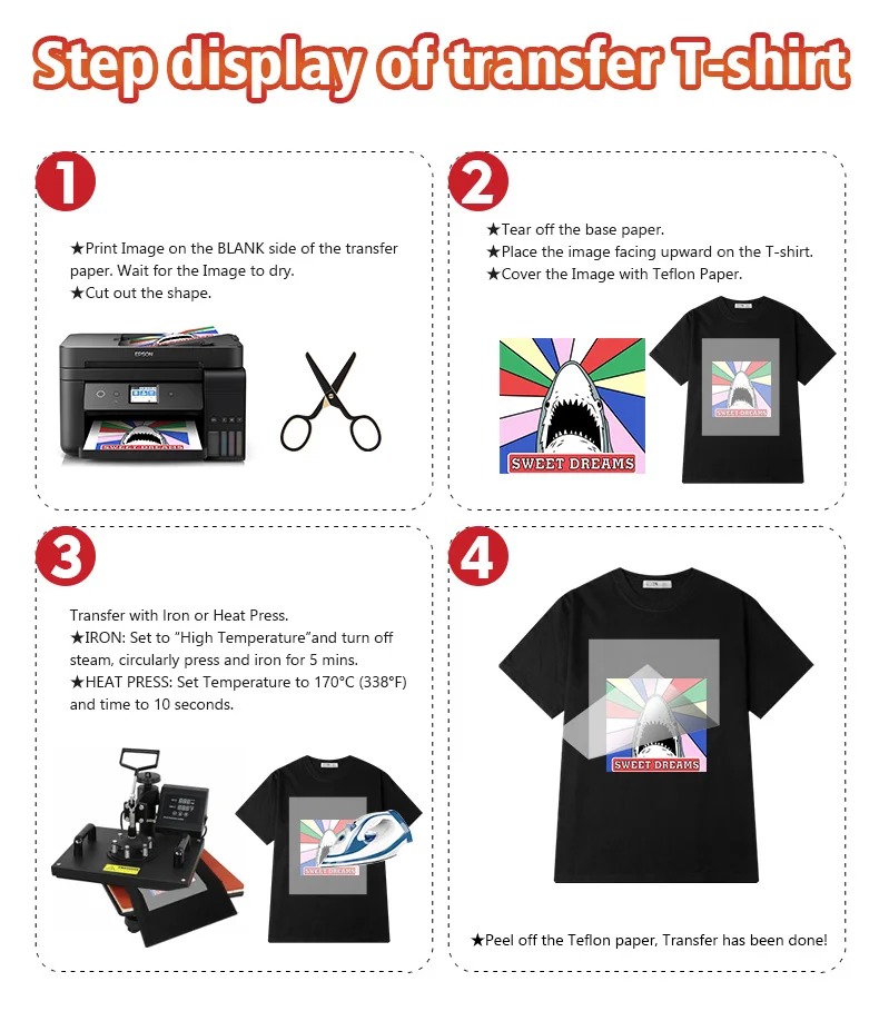 A3 A4 T Shirt Heat Transfer Paper for Light/dark Color 100% Cotton