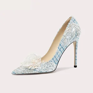 High Quality Crystal Bridal Wedding Shoes with Stiletto Thin Heel Pearl Rhinestone Decor Slip-On Closure-for All Seasons