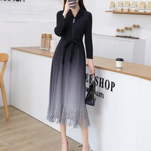 Autumn New Gradient Tassel Lace Temperament Suit Collar Elegant Casual Midi Skirt Miyake Pleated Dress Women