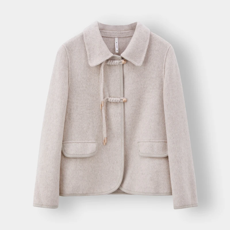 Women's Vintage Double Sided Wool Coat High End Fall Winter Casual Long Coat with Small Lapels Nylon Lining Sheep Fur Decoration