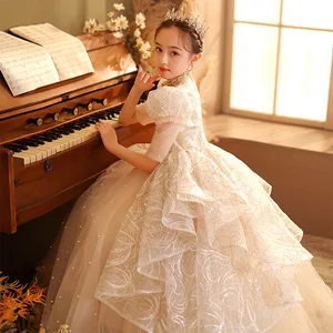ODM Supply Luxury Sequin Evening Party Dress for Girls Children's Princess Piano Performance Dress with Ruffles Decoration