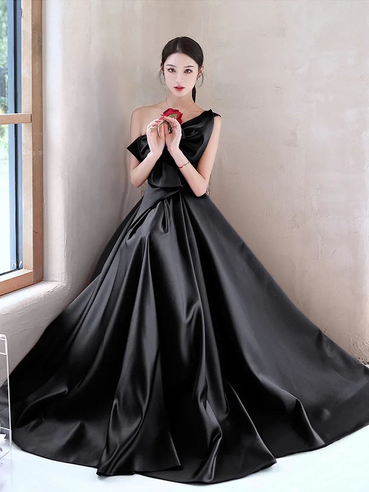 V-Neck Beaded Black Satin Pleats Long Prom Dress With Slit Evening Gow –  SQOSA