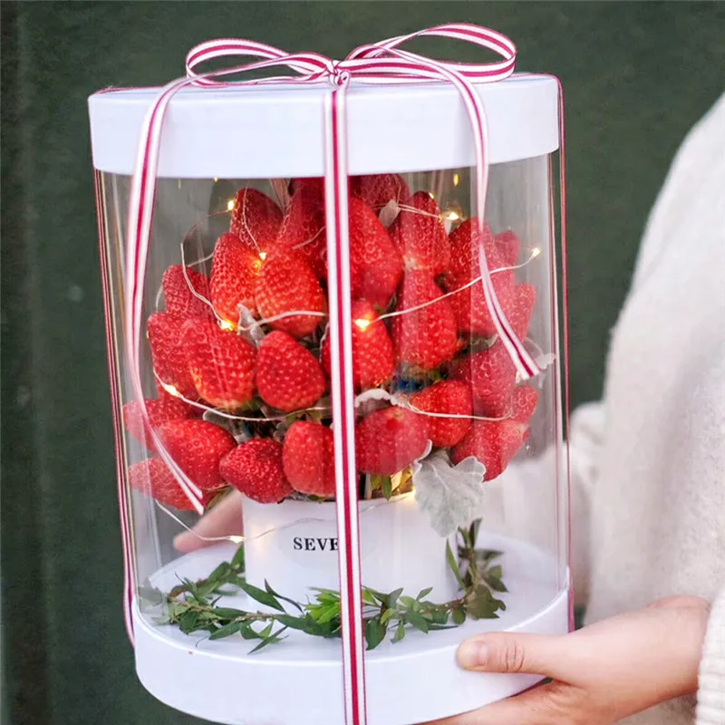Factory Custom Transparent Paper Strawberry clear Flower Packaging Paper Round Rose Box Round Gift Boxes for Flower
