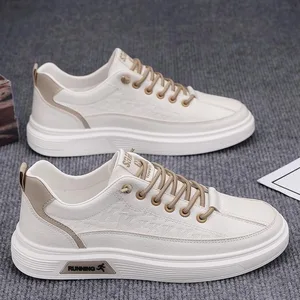 Men's Breathable White Trendy Korean-style Board Thick-soled Sports Casual PU Flat Shoes Cotton Lining