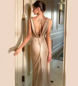Satin Elegant Maxi Evening Dress for Women 2025 Summer Sleeveless Backless Robe Gown Club Sexy Bodycon Long Dress Vestidos